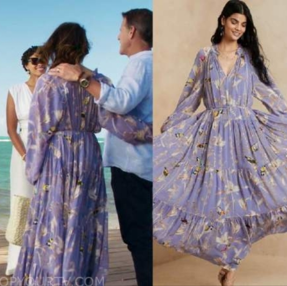 Banana Republic Tiered Purple Bird Maxi Dress